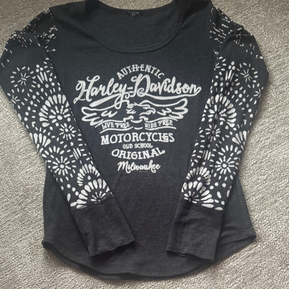 Harley-Davidson heather grey/white thermal Floral long Sleeve Top